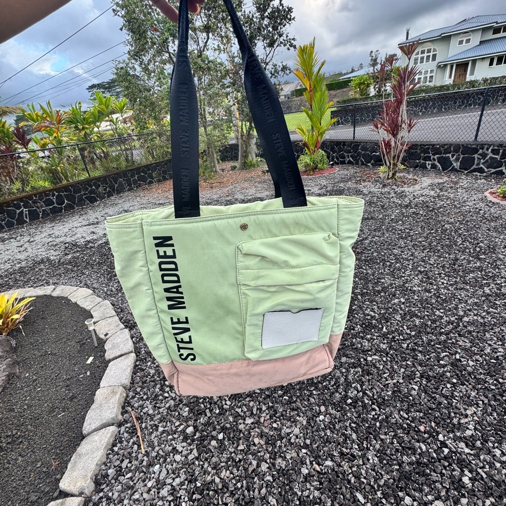 Steve Madden Two-Tone Nylon Tote Bag Green & Blush